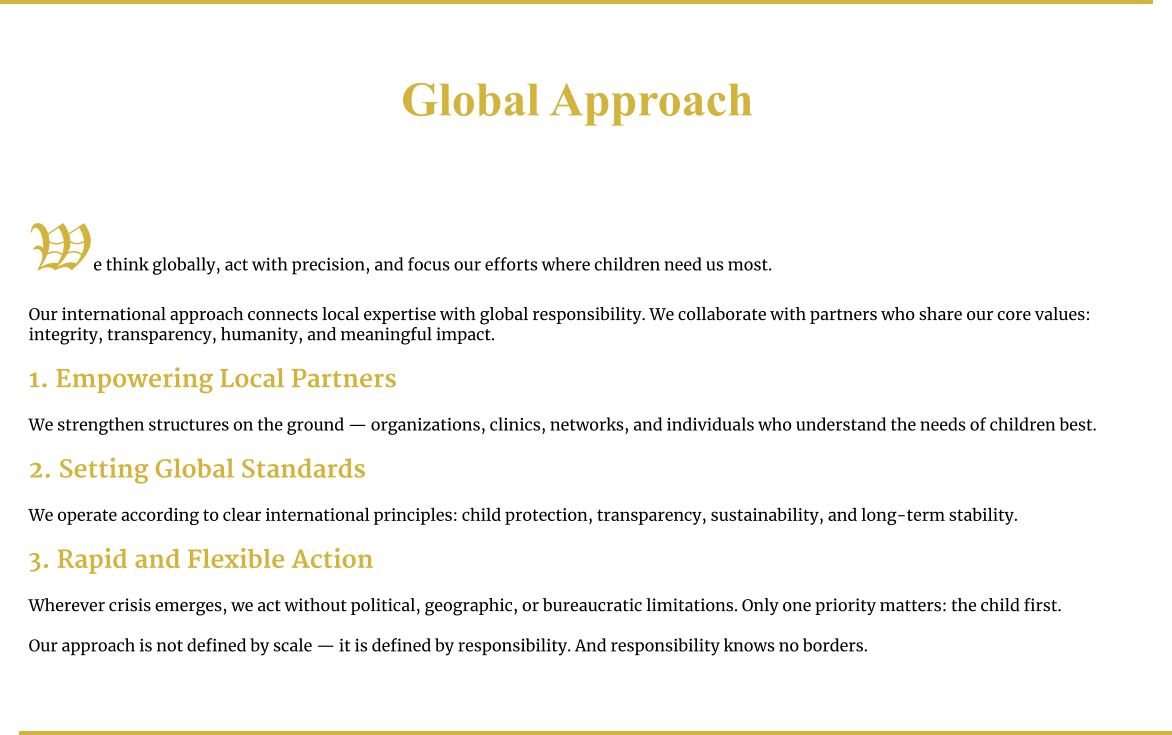 Global Approach     We think globally, act with precision, and focus our efforts where children need us most.  Our international approach connects local expertise with global responsibility. We collaborate with partners who share our core values: integrity, transparency, humanity, and meaningful impact.  1. Empowering Local Partners  We strengthen structures on the ground — organizations, clinics, networks, and individuals who understand the needs of children best.  2. Setting Global Standards  We operate according to clear international principles: child protection, transparency, sustainability, and long-term stability.  3. Rapid and Flexible Action  Wherever crisis emerges, we act without political, geographic, or bureaucratic limitations. Only one priority matters: the child first.  Our approach is not defined by scale — it is defined by responsibility. And responsibility knows no borders.